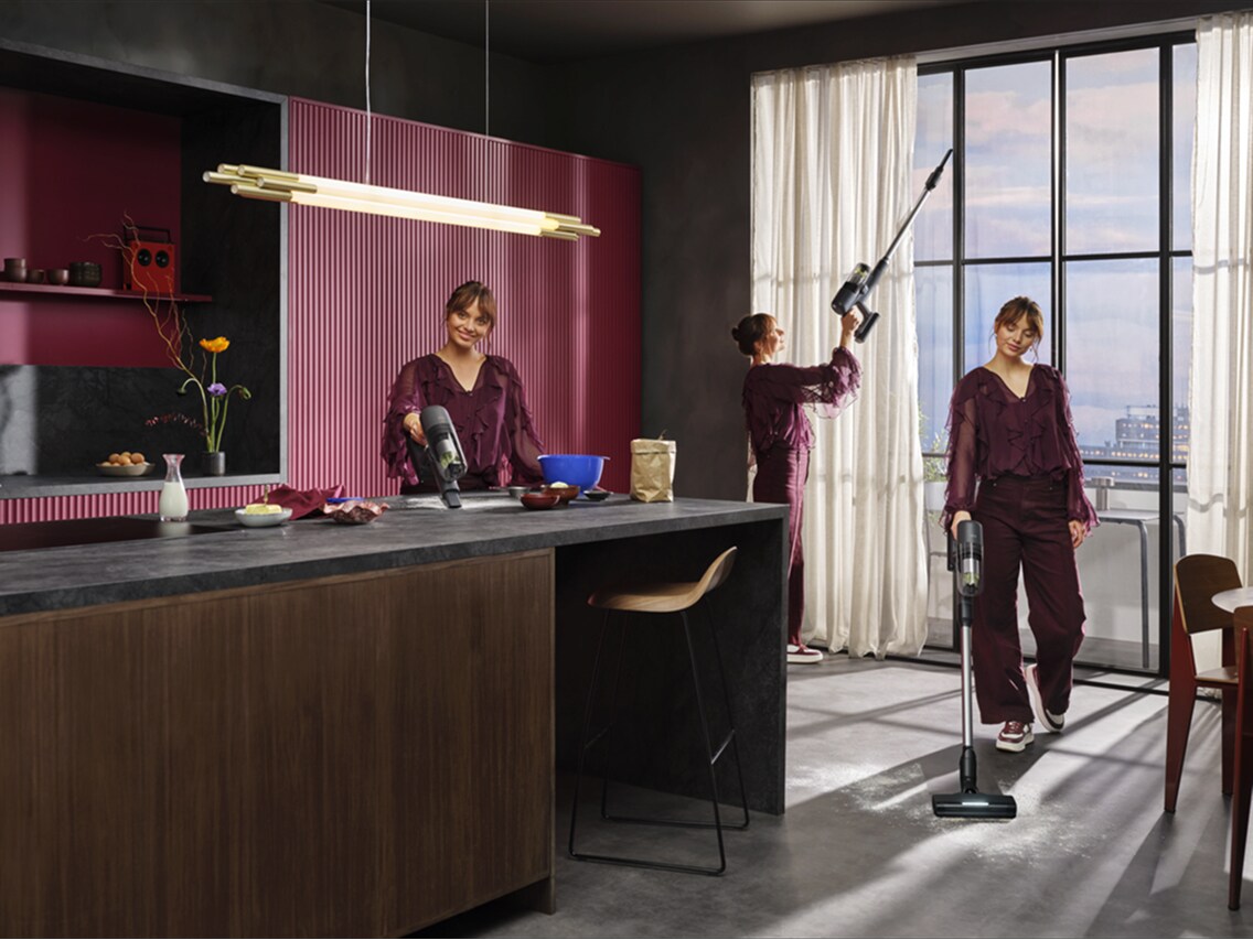 Three versions of woman cleaning three different parts of a kitchen