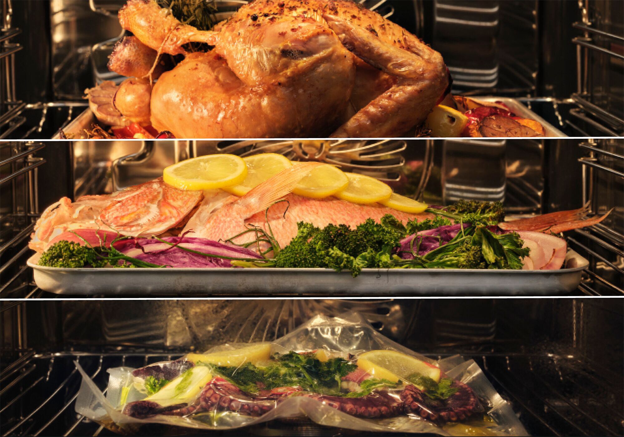 ingrédients dans des sachets sous-vide dans le four à vapeur combiné AEG
